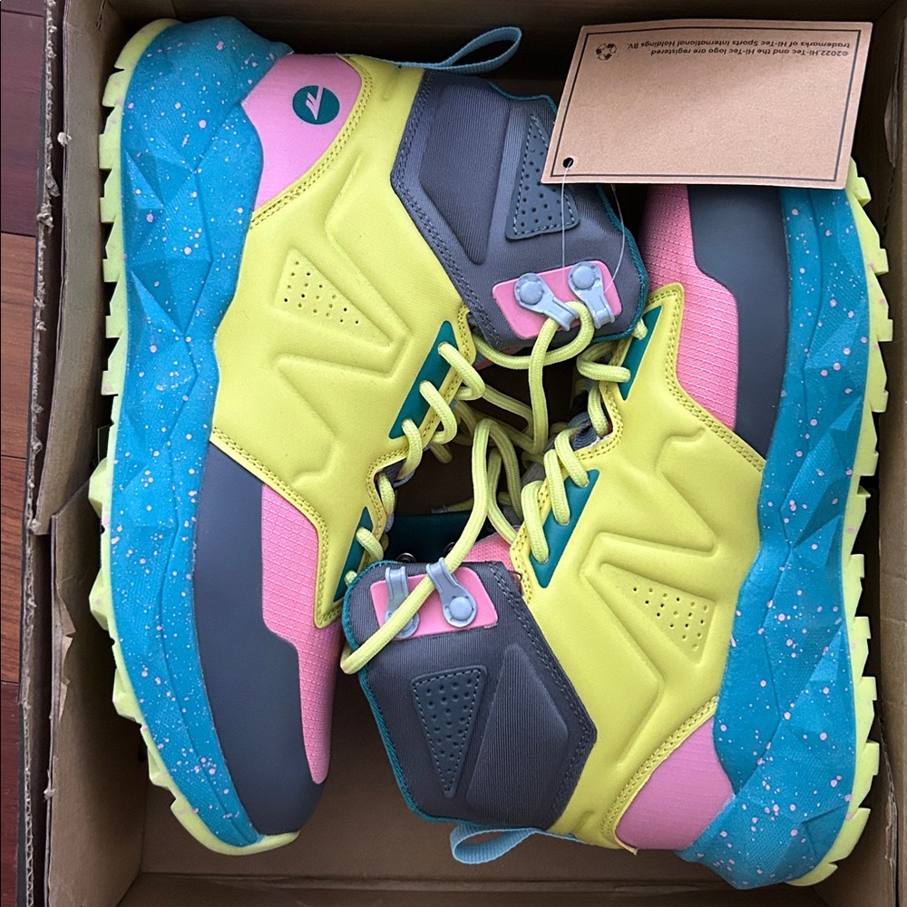 New NWOB Hi-tec Geo Sand Trail Mid (Kids) Yellow/Pink.  Size 6.5 Big Girls